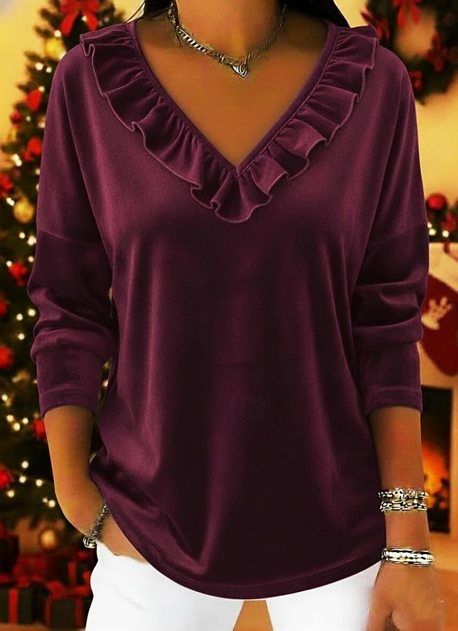 Topuri lungi cu decolteu în V din catifea pentru femei elegante stilate de bază de culoare solidă albastru negru vin violet verde iarnă 2026 - $22.99 –P2