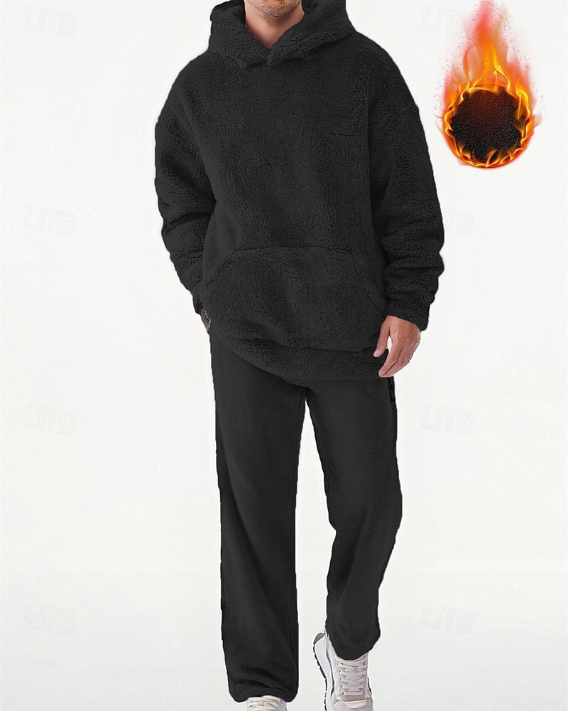 Zweiteiliger Fleece-Trainingsanzug für Herren – schwerer Hoodie und Jogginghose, einfarbige Sport-Streetwear mit Taschen 2026 - $54.99 –P15
