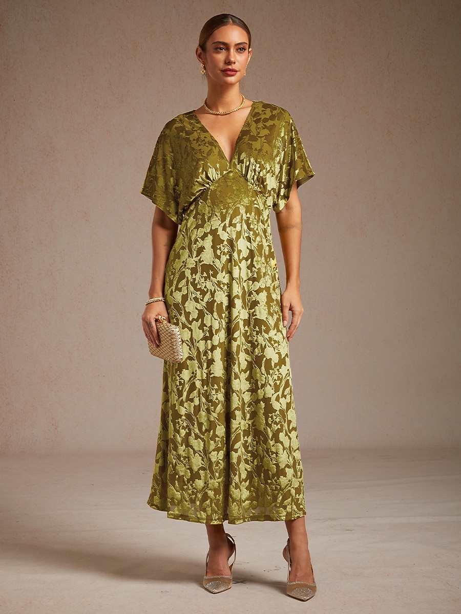 dames maxi-jurk a-lijn jurk fluweel elegant feest bruiloft gast bloemen blad halve mouw v-hals smaragdgroen lente herfst winter 2025 - $121.99 –P10