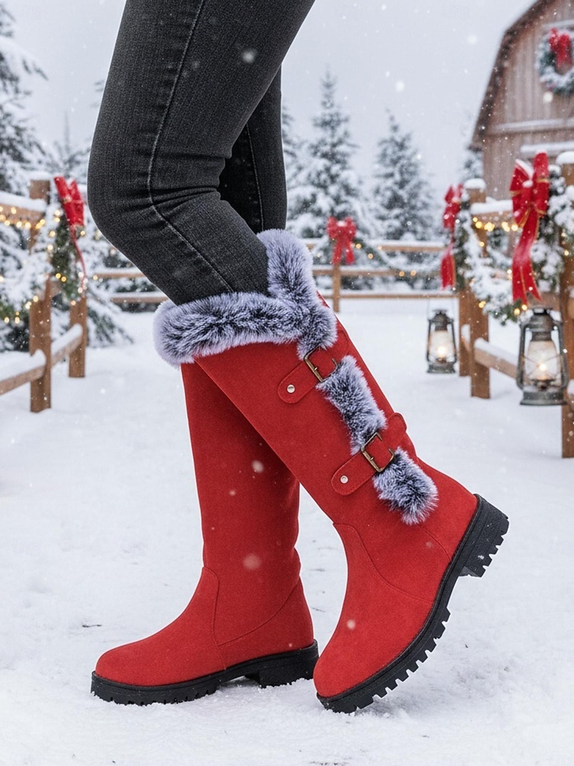 Женские красные зимние сапоги из искусственной замши - высокие сапоги до колена с отделкой из искусственного меха и пряжкой на ремешке, стильная теплая рождественская обувь для улицы и повседневной 2026 - $46.99 –P1