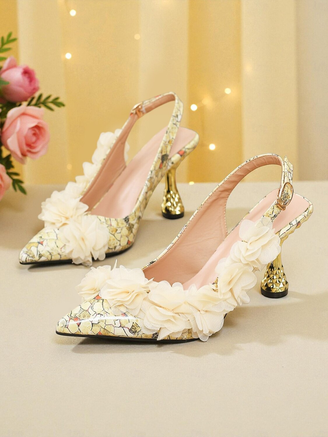 Dámské květinové boty s úzkým podpatkem a zlatým tvarovaným podpatkem - elegantní špičaté lodičky na svatbu a večírek 2025 - $34.99 –P1