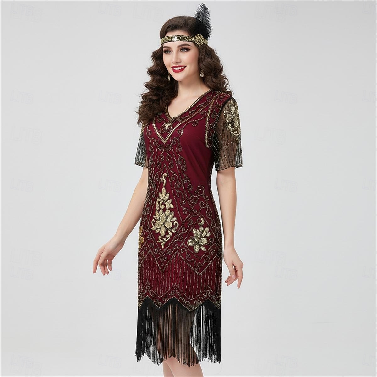 Anni Ruggenti Anni 1920 Lunghezza al ginocchio Vestito Abito Flapper Abito da Ballo Maniche corte Il grande Gatsby Charleston Invitato al matrimonio Paillettes Frangia con nappe Scollo a V Costume del 2026 a $34.99 –P11