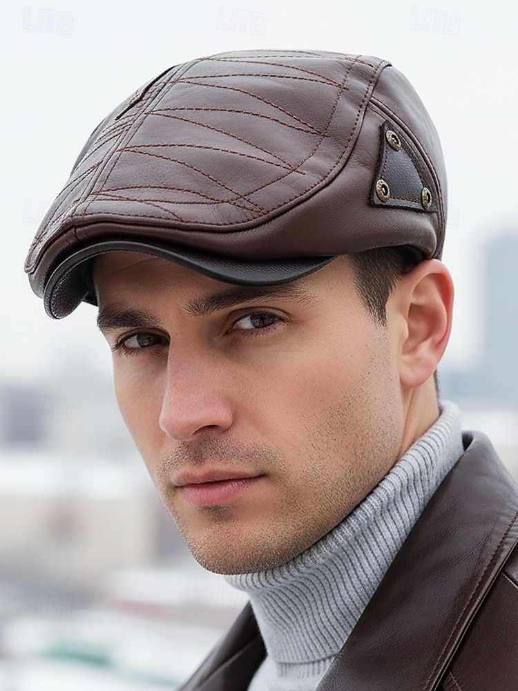Herren-Schiebermütze aus Kunstleder, gestepptes Design mit dreieckigen Akzenten, in verschiedenen Farben erhältlich, stylisch und warm für Winter und Freizeit 2025 - $18.99 –P1