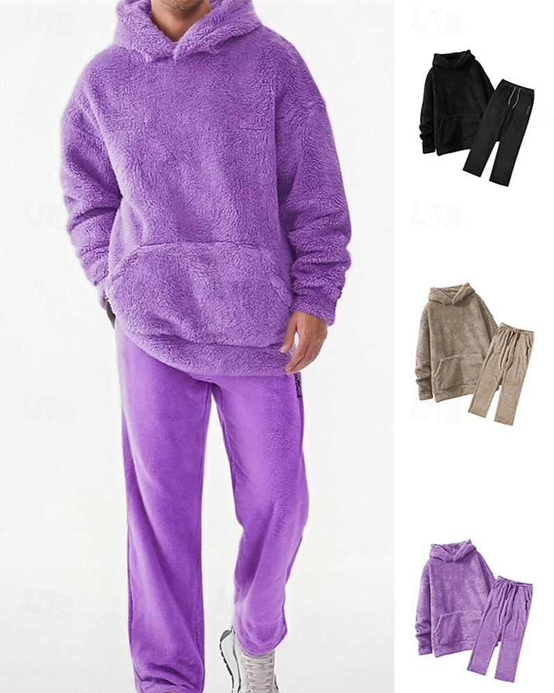 Zweiteiliger Fleece-Trainingsanzug für Herren – schwerer Hoodie und Jogginghose, einfarbige Sport-Streetwear mit Taschen 2026 - $54.99 –P1