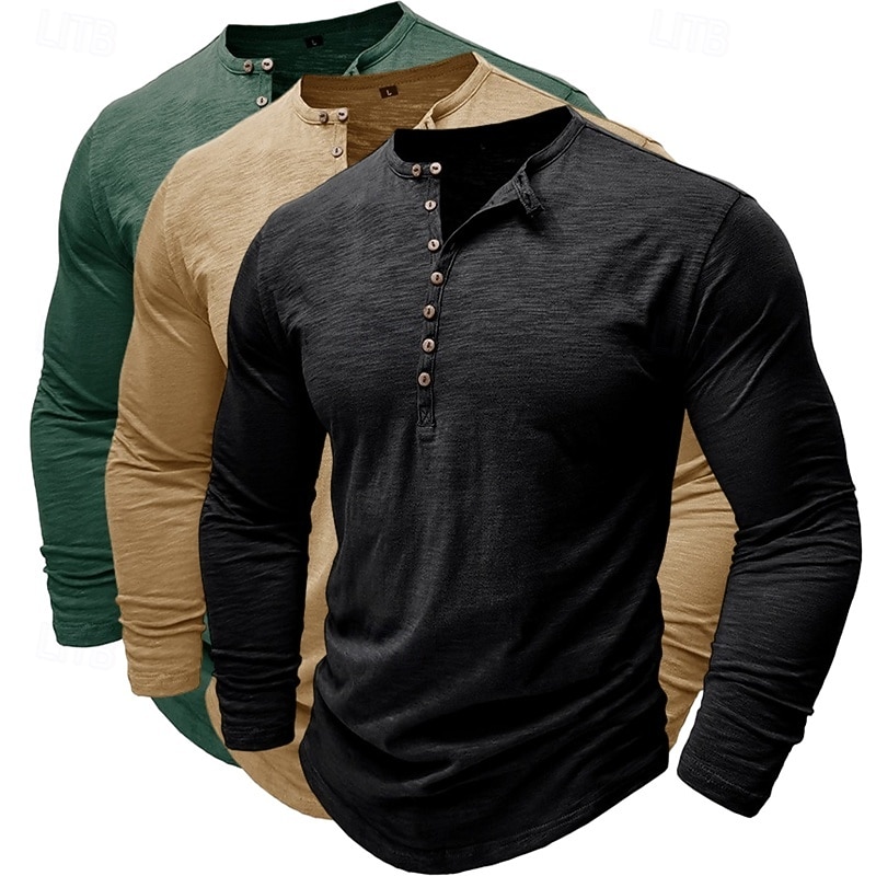 3er-Pack Henley-Shirts für Herren, langärmlig, einfarbig, modisch, lässig, für Alltag und Freizeit, 3er-Pack, Henley-Shirts in Blau, Weiß und Schwarz, ideal für Sommer und Frühling, 2026 - $62.99 –P6
