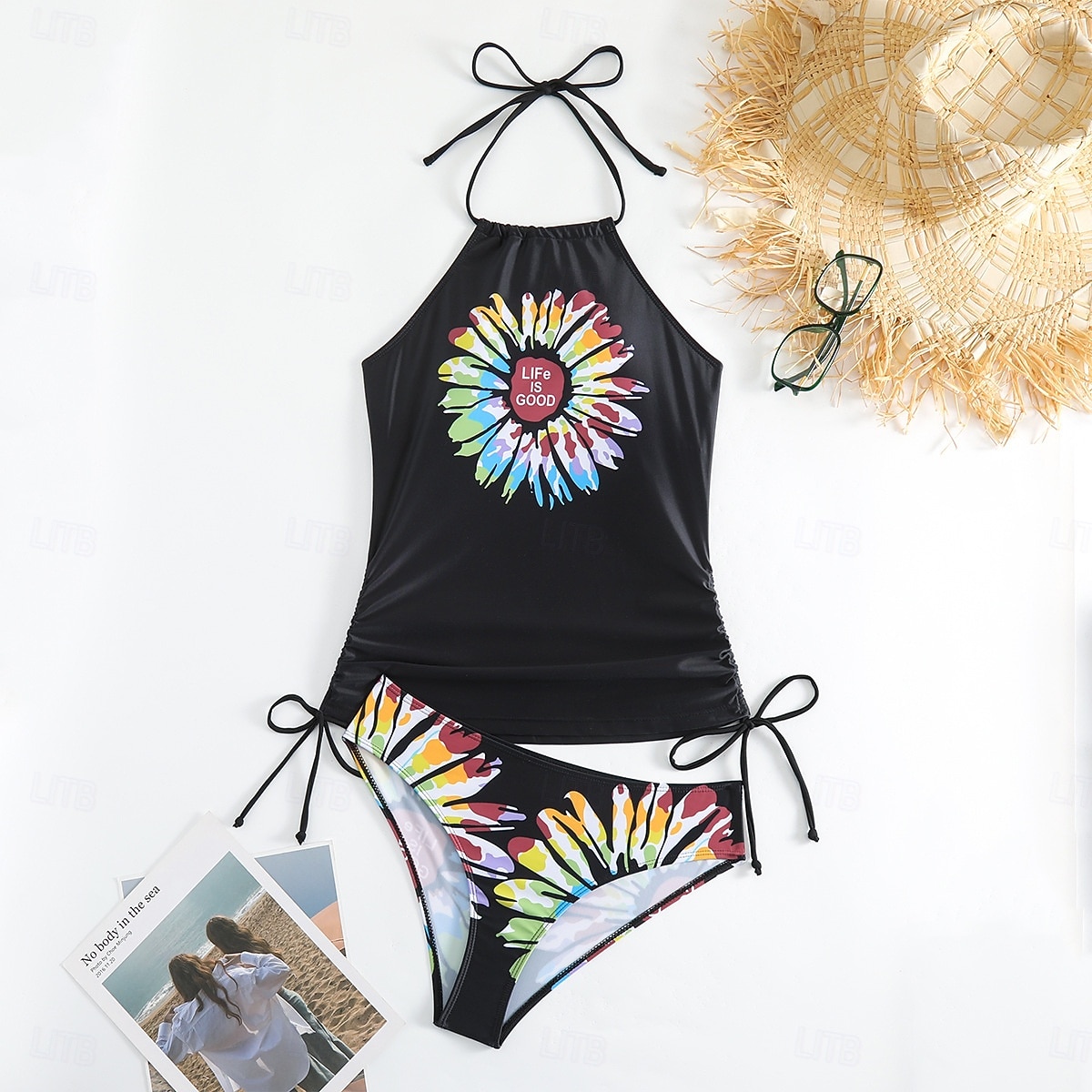 Kvinners Tankini 2 Delt Badedrakt Rynket Truser Magekontroll Høyt Liv Slank Ryggløs Ferie Strandtøy Blomster Grafisk U-Hals Ermeløse Badedrakter 2026 - $26.99 –P3