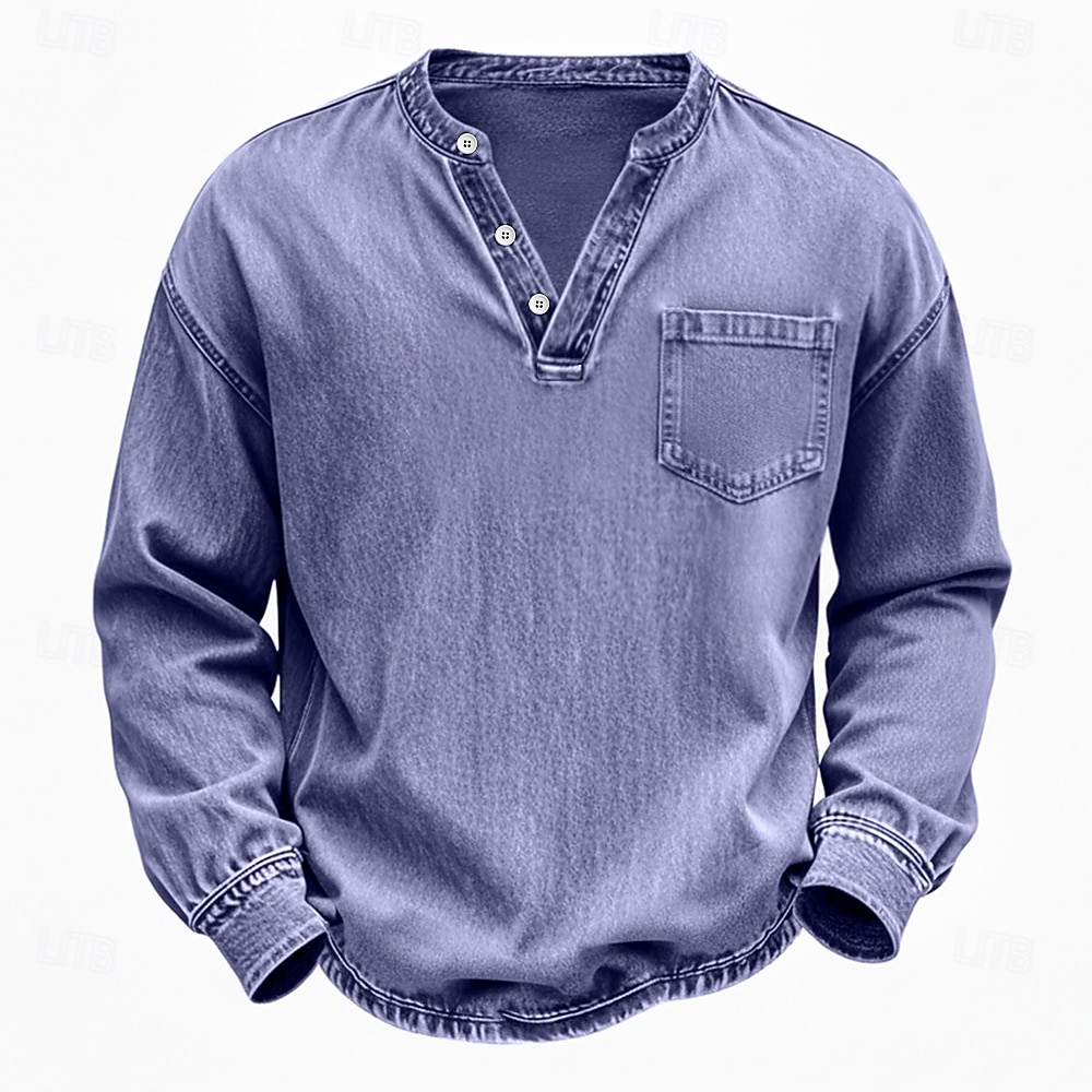 Voor heren Henley-shirt Overhemd van 100% katoen met zure wassing T-shirt T-shirt Lange mouw Wijnoogst Effen kleur Retro vintage Casual Vintagestijl Kledingstuk geverfd gewassen Henley Casual Lente 2026 - $31.99 –P7