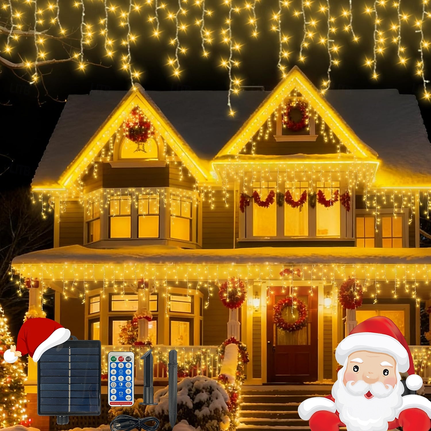 Solcellsdrivna vattentäta julispljus 10 meter 400 lysdioder 48 droppar 8-funktions timer fjärrkontroll genomskinlig tråd anslutningsbar ljusslinga innergård balkong träd veranda takfot dekorativa ljus 2025 - $31.99 –P7