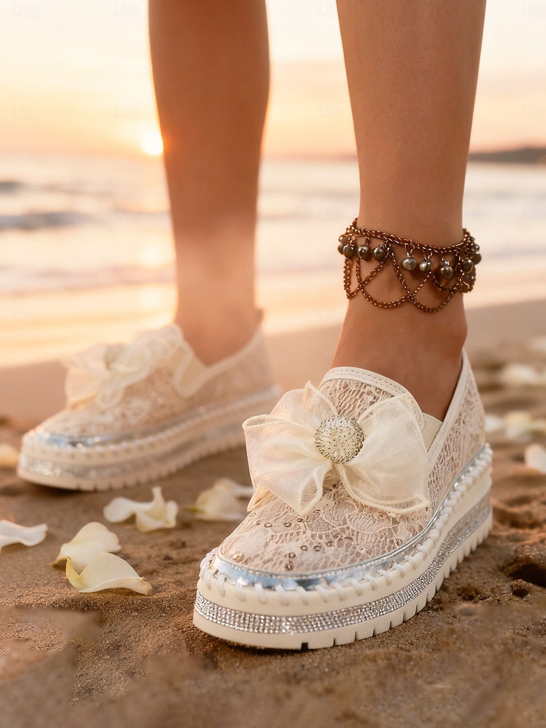 damskie koronkowe wsuwane trampki ślubne - codzienne buty ślubne na plażę z ozdobą w postaci kokardy &wygodna podeszwa na platformie, idealna na ceremonie nad morzem 2026 - $42.99 –P4