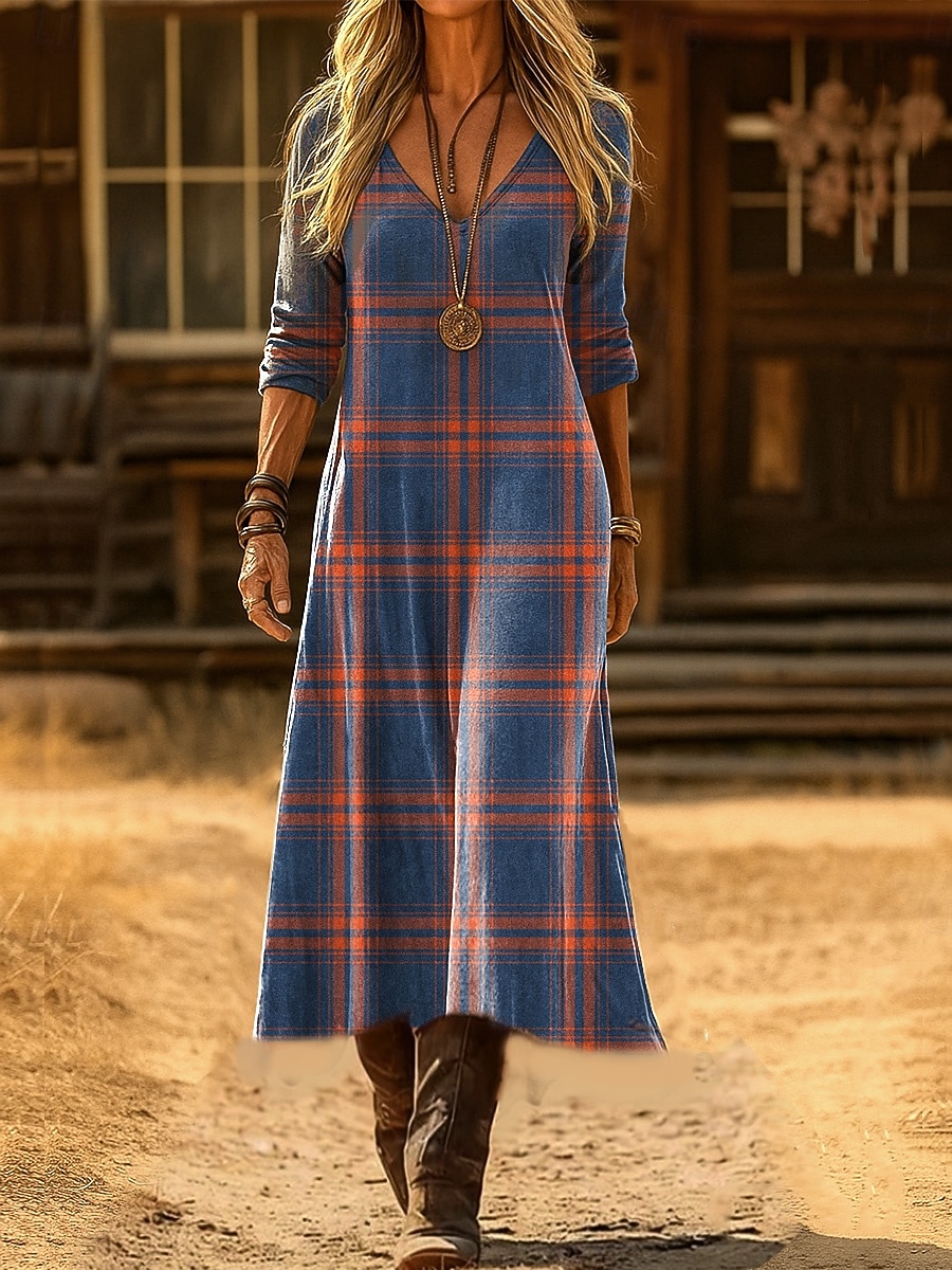 Women's Maxi Dress T Shirt Dress Tee Dress A Line Dress Vacation Casual Boho Going out Regular Fit Graphic Geometric Plaid Long Sleeve V Neck Blue Red Spring Fall Winter 2026 - $41.99 –P1