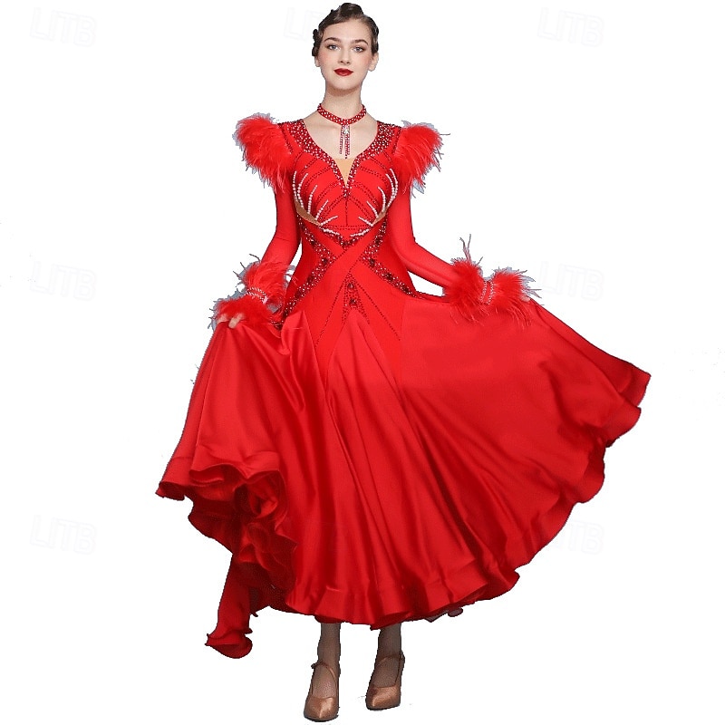 Gesellschaftstanz Kleid Falten Spleißen Kristalle / Strasssteine Damen Leistung Training Langarm Hoch Spandex Netzstoff Kunst-Seide 2026 - $1384.09 –P5