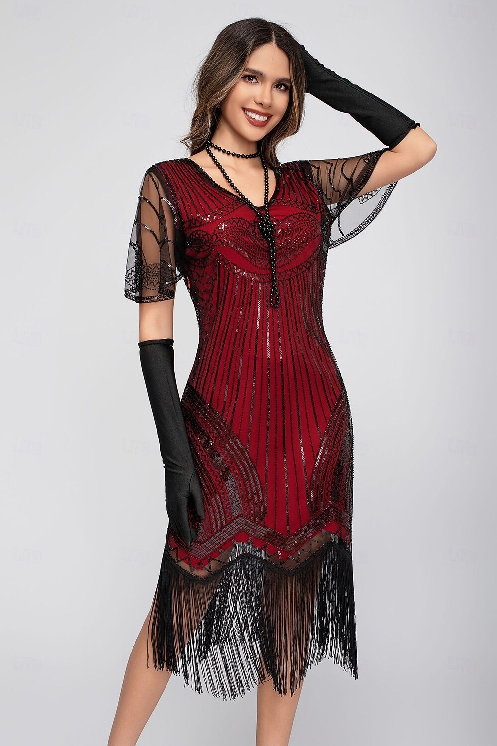 Goldene Zwanziger 1920er Knielang Flapper Kleid Kurze Ärmel Der große Gatsby Pailletten Fransen V Ausschnitt Kostüm Damen Weihnachten Karneval Flüsterkneipe Maskerade Retro-Mottoparty Erwachsene 2026 - $45.99 –P18
