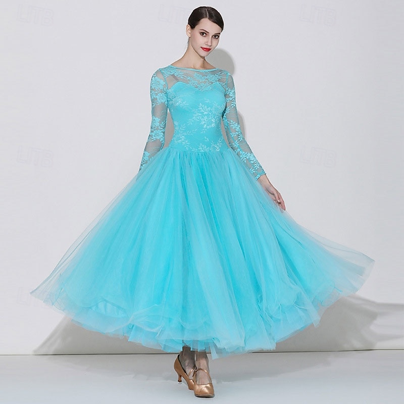 Women's Elegant Turquoise Ballroom Dance Dress Lace Long Sleeve Boat Neck Waltz Tango Modern Rumba Practice Performance Gown 2026 - $159.99 –P5