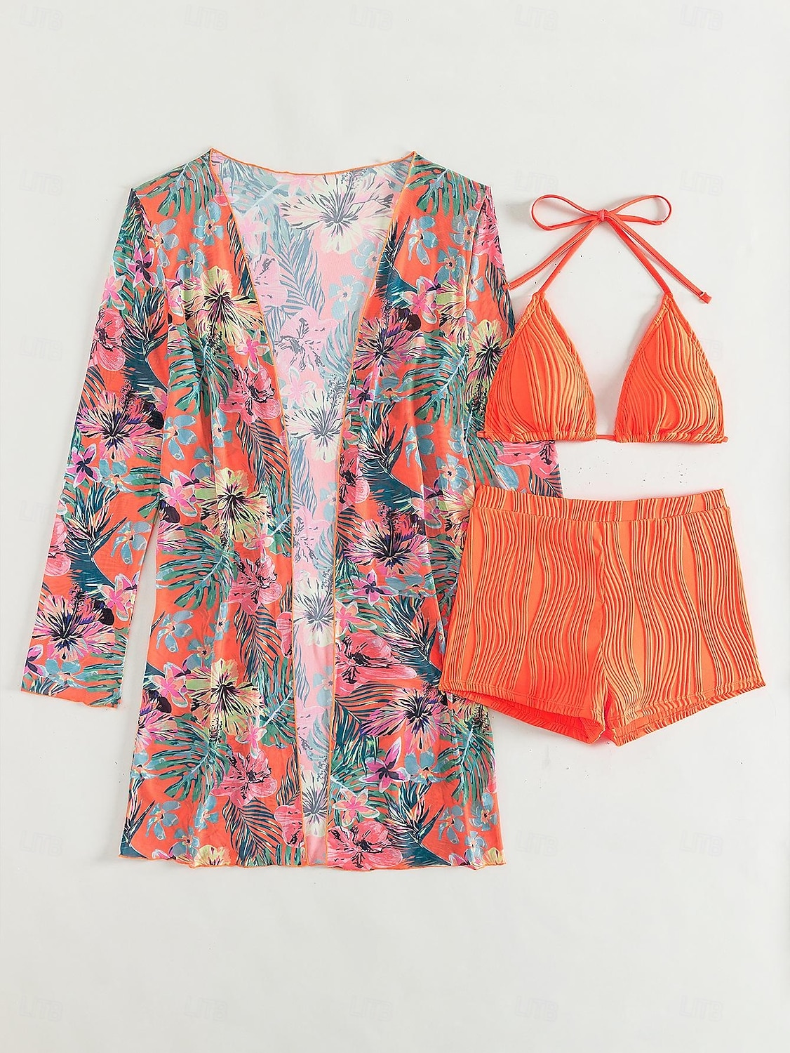 Damen Bikini 3-teilig Badeanzug Palm Shorts Bauchkontrolle Hohe Taille Slim Rückenfrei Urlaub Strandbekleidung Blumen Halterhals Ärmellose Bademode 2026 - $33.99 –P5