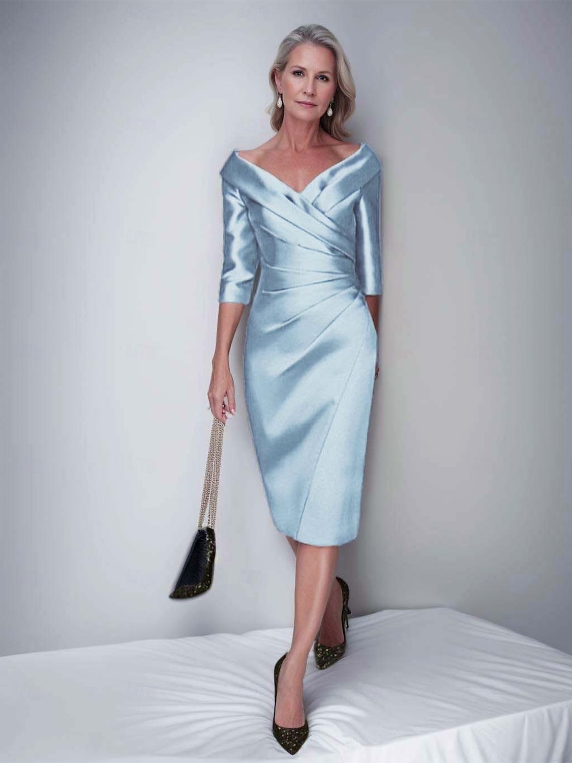 عامودي طول الساق فستان الحفلة فستان كوكتيل فستان زفاف ضيف فستان أم العروس نصف كم V رقبة أنيق عتيق فاخر رسمي ضيف حفل زفاف ساتان فساتين الجاكيتات مع طيات 2026 - $153.99 –P11