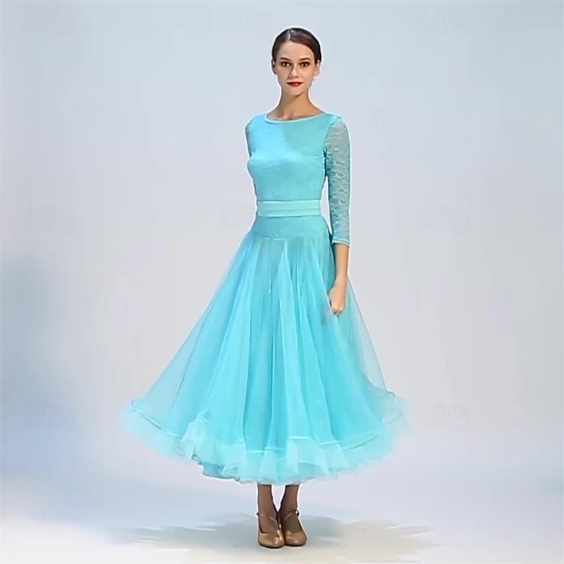 Abito da allenamento per ballo da sala da donna, elegante, nero, con maniche in pizzo, scollo a barca, valzer, tango, rumba moderna del 2026 a $161.99 –P11