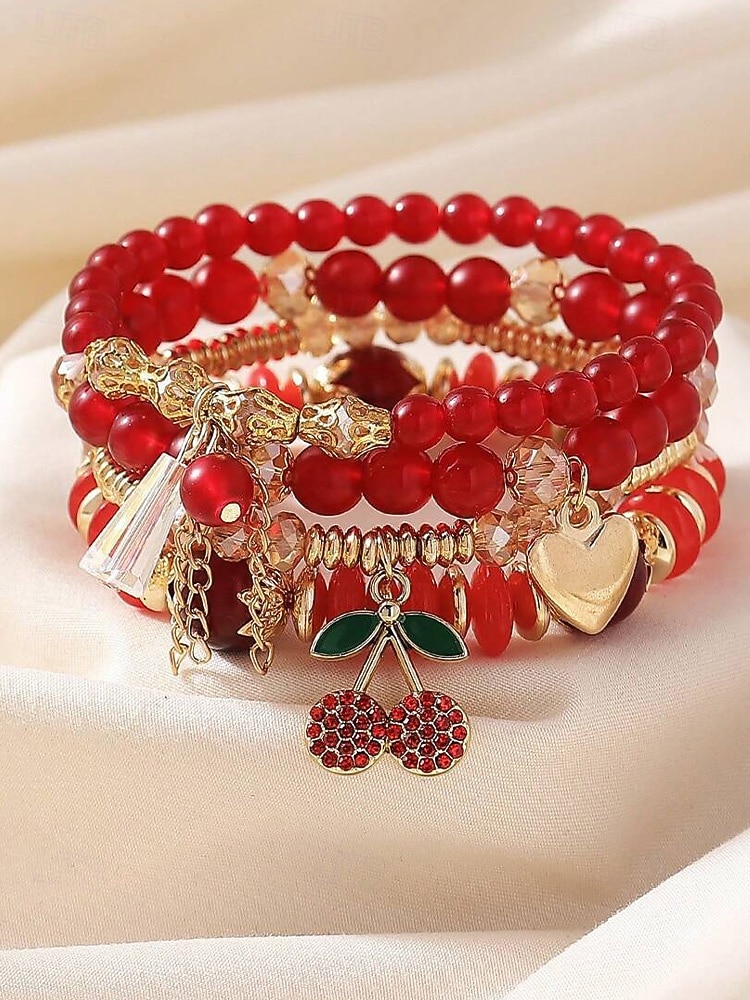Женский рождественский браслет из бусин с вишневой тематикой, красный и золотой, идеальный подарок на праздник 2026 - $9.99 –P5