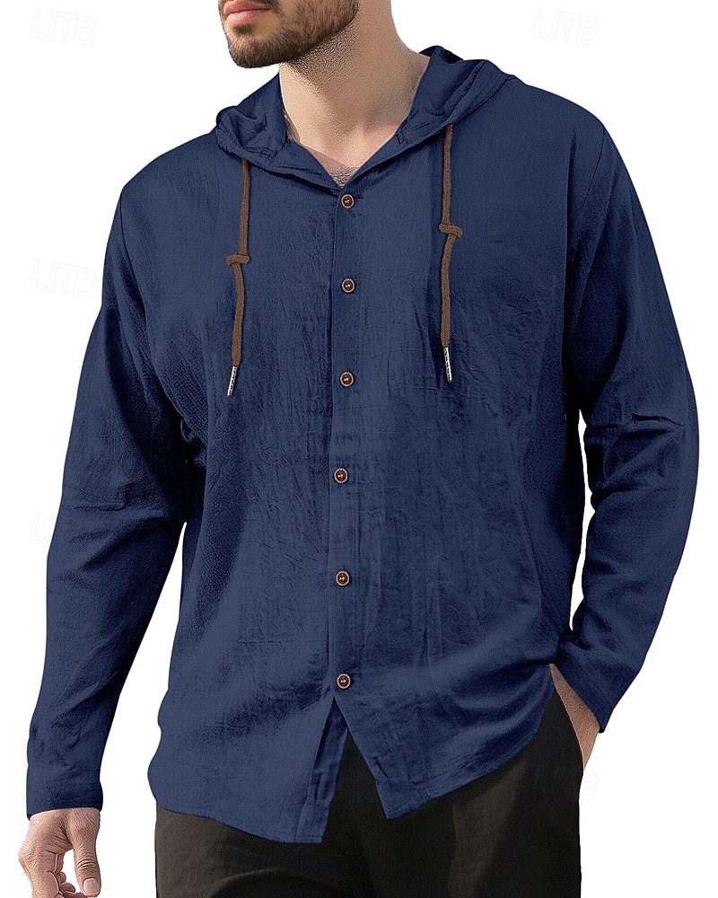 Per uomo Camicia Camicia di lino Camicia Estiva Camicia da Spiaggia Semplice Vacanza Casuale Nero Bianco Blu marino Cachi Manica Lunga Con Cappuccio Primavera Autunno Abbigliamento Coulisse del 2026 a $24.99 –P7