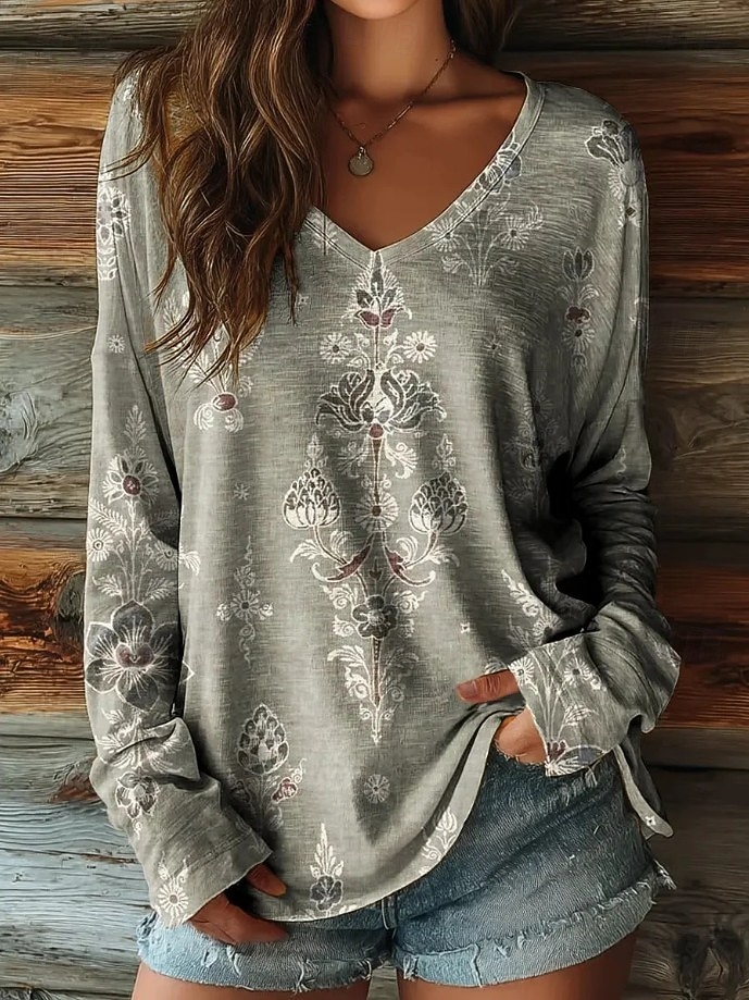 Dame Boho T-skjorte Grafikk Planter Tribal Vintage Stilfull Klassisk Langermet V-hals Vanlige Topper Daglig Trykk Blå Lys Grønn Vin Marineblå Fuchsia Vår Høst Vinter 2026 - $24.99 –P2