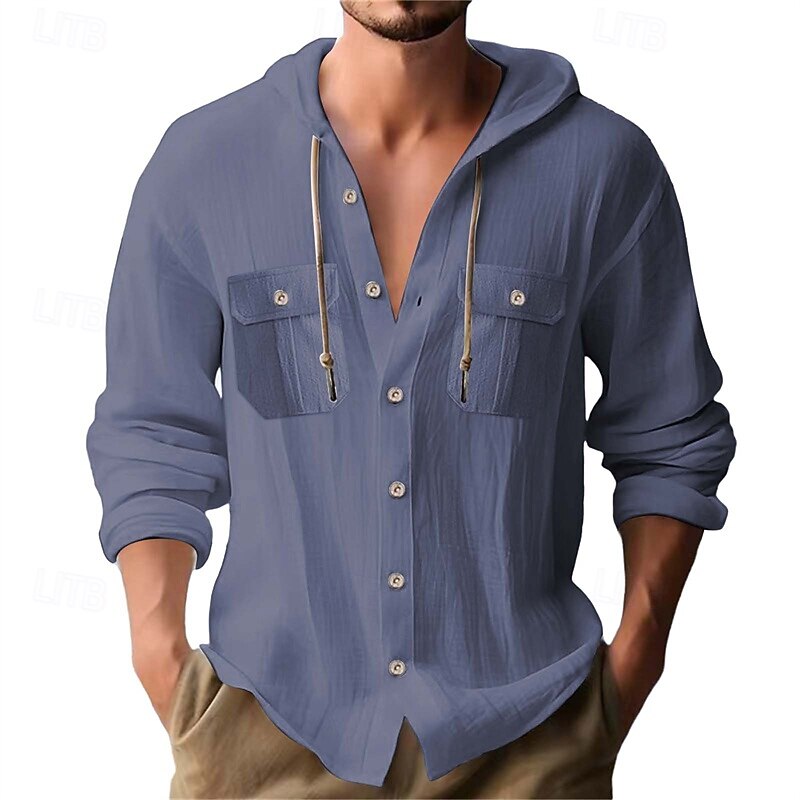 Herren Hemd Sommerhemd Freizeithemd Strandhemd Knopfhemd Marineblau Langarm Einfach Mit Kapuze Lässig Täglich Tasche Bekleidung Baumwolle Mode Lässig Bequem 2026 - $31.99 –P15