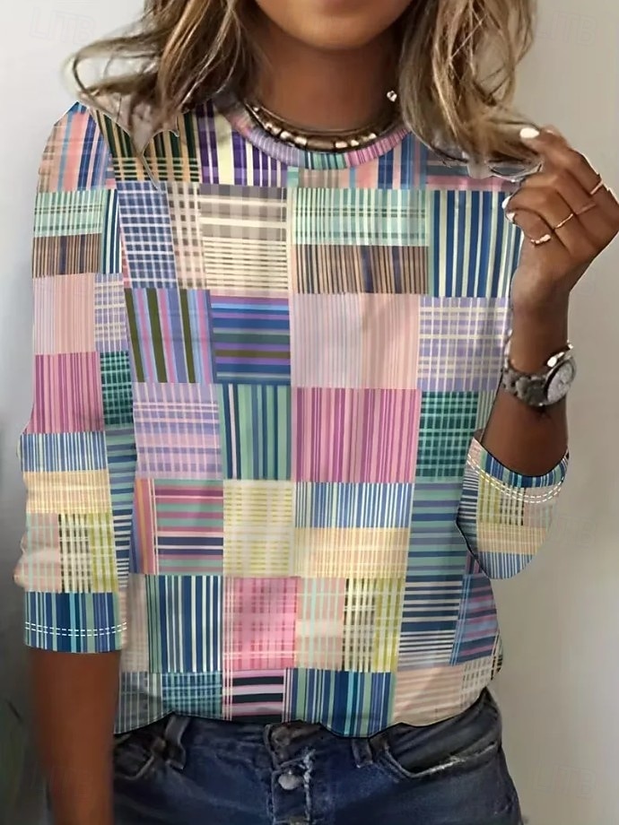 Mujer Camiseta Estampado Graphic Geométrico A Rayas Vintage Moda Elegante Manga Larga Cuello Barco Escote Redondo Tops regulares Diario Fin de semana Azul Piscina Negro Rosa Rojo Verano Primavera 2026 - $24.99 –P4