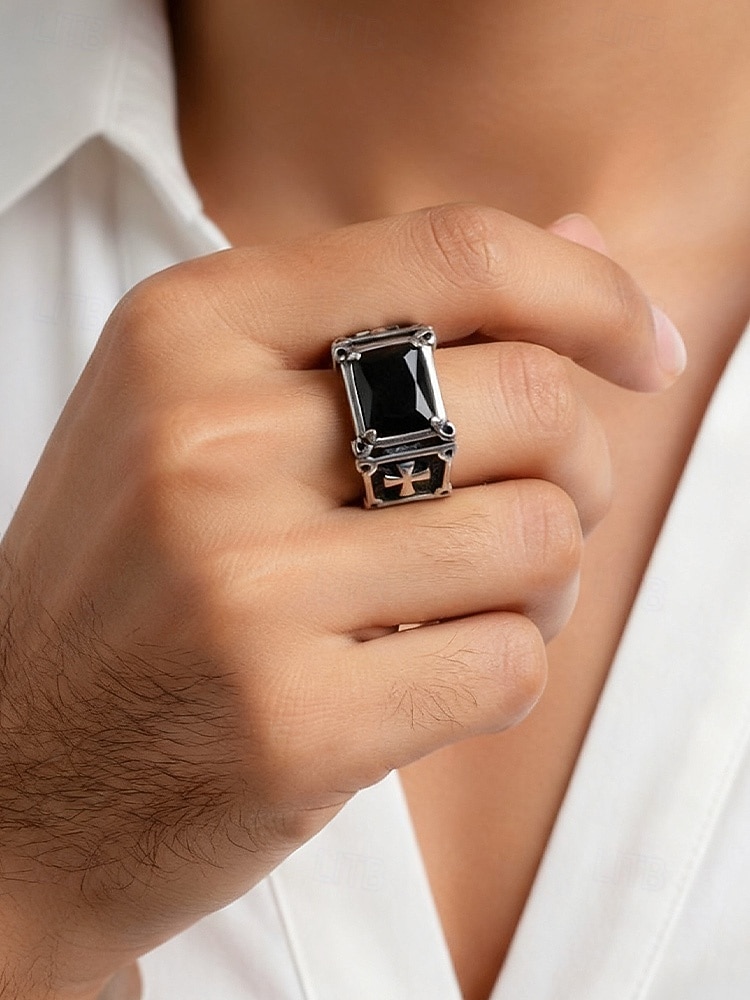 мужское кольцо с готическим крестом - сплав, черный и красный драгоценные камни, винтажный стиль с религиозным мотивом, идеальный рождественский подарок для повседневных и торжественных случаев 2026 - $7.99 –P1