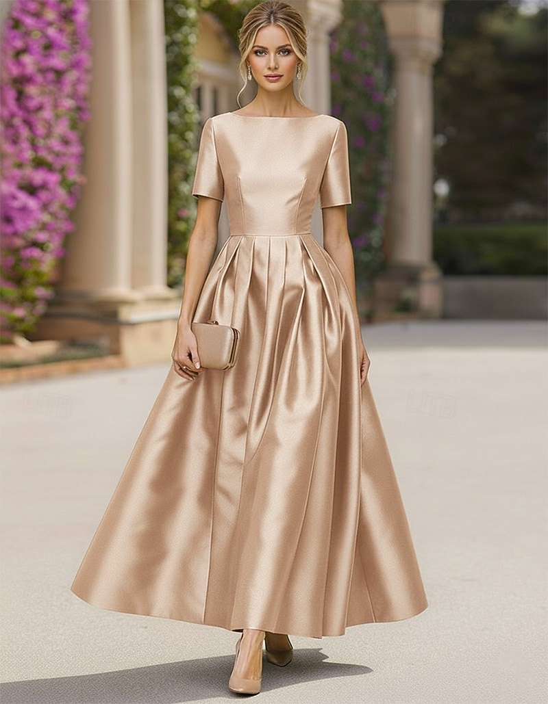 A-Line Tea Length Cocktail Dresses Elegant Short Sleeve Boat Neck Garden Party Wedding Taffeta Stretch Satin with Pleats 2026 - $149.99 –P4