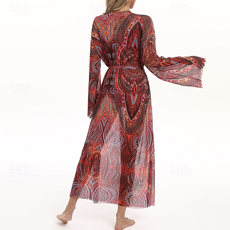 Dámské Plážové zahalovací šaty Dlouhé splývavé kimono kardigany Grafika Cikánský Krátká noha Šifón Ochrana proti UV záření Prodyšné Dlouhý rukáv Plavky Surfování Plážové prázdniny Léto 2026 - $31.99 –P9