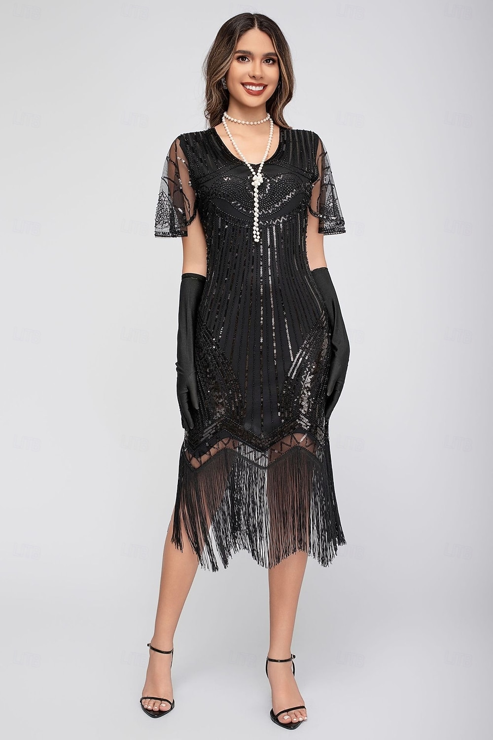 Goldene Zwanziger 1920er Knielang Flapper Kleid Kurze Ärmel Der große Gatsby Pailletten Fransen V Ausschnitt Kostüm Damen Weihnachten Karneval Flüsterkneipe Maskerade Retro-Mottoparty Erwachsene 2026 - $45.99 –P7