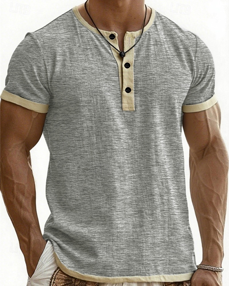 Herre T skjorte Henly-skjorte T-skjorter Kortermet skjorte Kortermet Henley Sommer Vår Fargeblokk Mote Designer Grunnleggende Lapper Feriereise Gate Ut på byen Blå Svart Rosa Topp T-skjorte for menn 2026 - $20.99 –P14