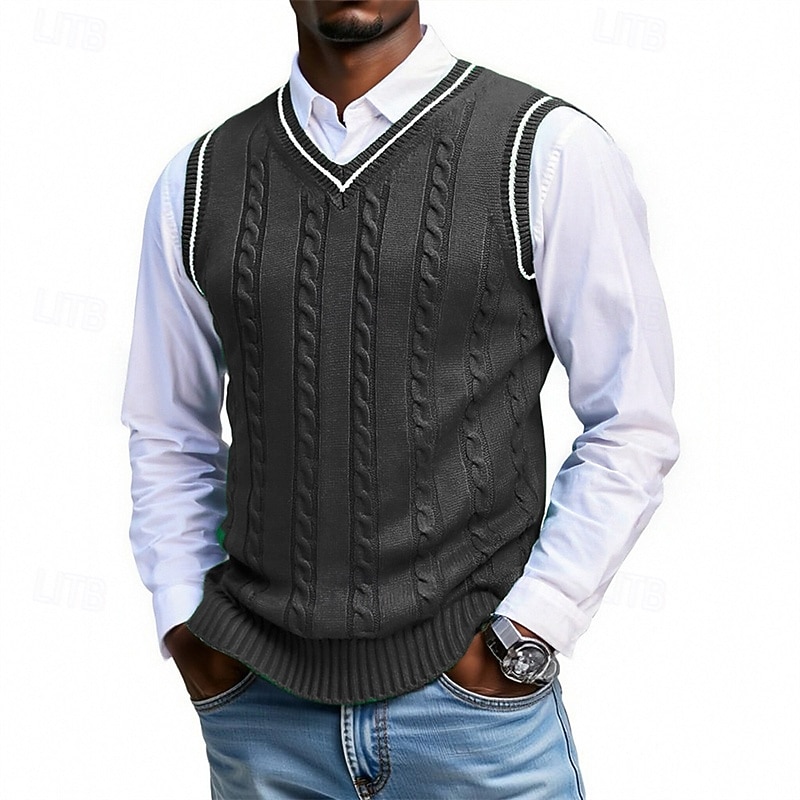 Муж. Свитер жилет Платье-свитер Пуловер Свитер Жилет Вязаный свитер Рельефный узор Вязать Обычные топы Трикотаж Пэчворк V-образный вырез Мода Уличный стиль Отпуск Бизнес Одежда Без рукавов Осень Зима 2026 - ₪103 –P2