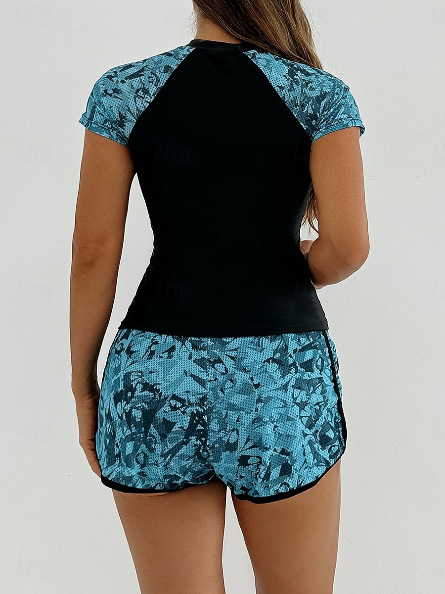 Costume da bagno tankini da donna 2 pezzi pantaloni corti palmo controllo pancia vita alta slinguato senza schiena vacanza in spiaggia scollatura rotonda floreale con maniche corte del 2026 a $36.99 –P10