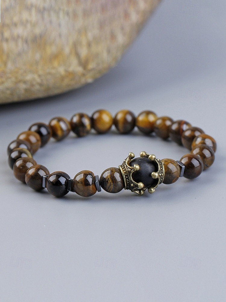 Bracciale da uomo in pietra naturale – design regolabile con perline e dettaglio a corona, disponibile in più colori, perfetto per l'abbigliamento casual e per le occasioni speciali del 2026 a $7.99 –P6