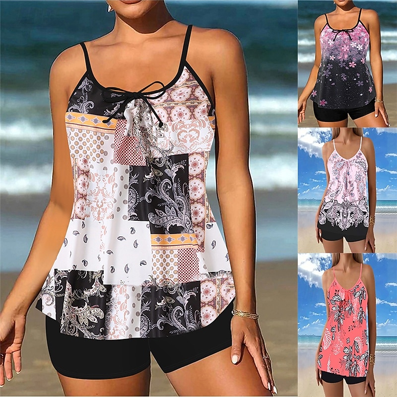 Kvinnors tankini 2-delad baddräkt Boho shorts mage kontroll hög midja smal rygglös semester strandkläder paisley U-hals ärmlösa baddräkter 2026 - $33.99 –P1