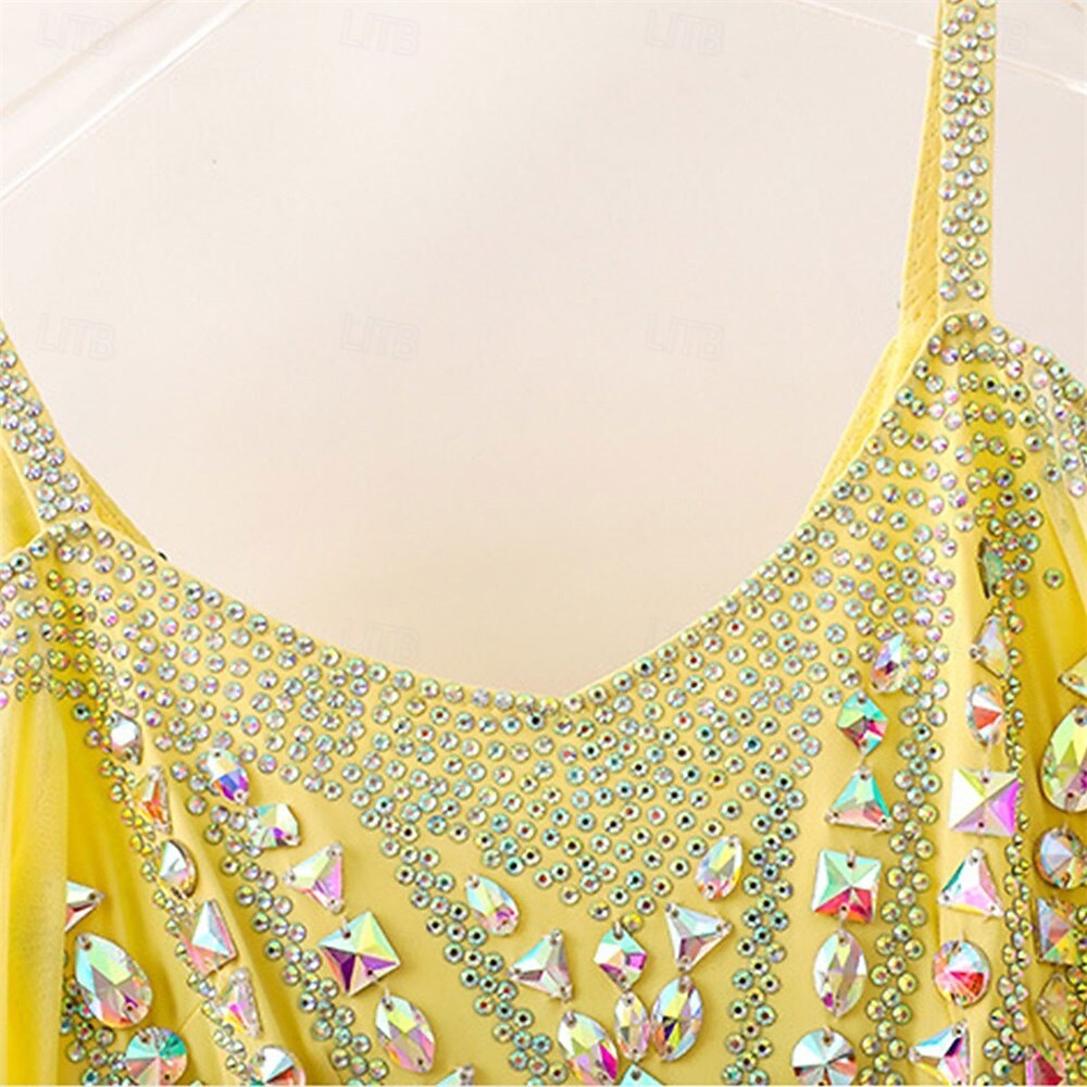 Abito da ballo da sala da donna elegante giallo con corpetto decorato con strass, spalle scoperte, abito da competizione per valzer, tango, rumba moderna del 2026 a $689.99 –P8