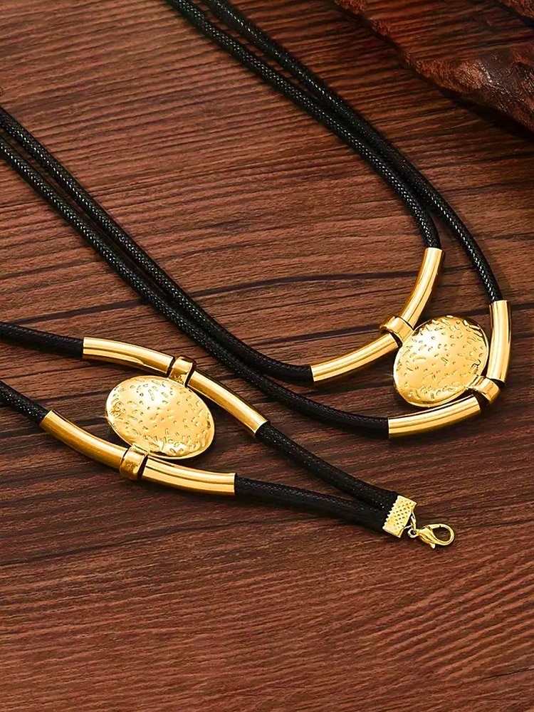 Women's Bohemian Leather and Metal Statement Necklace & Bracelet Set, Adjustable, Available in Gold and Silver – Perfect for Casual and Evening Wear 2026 - $11.99 –P4