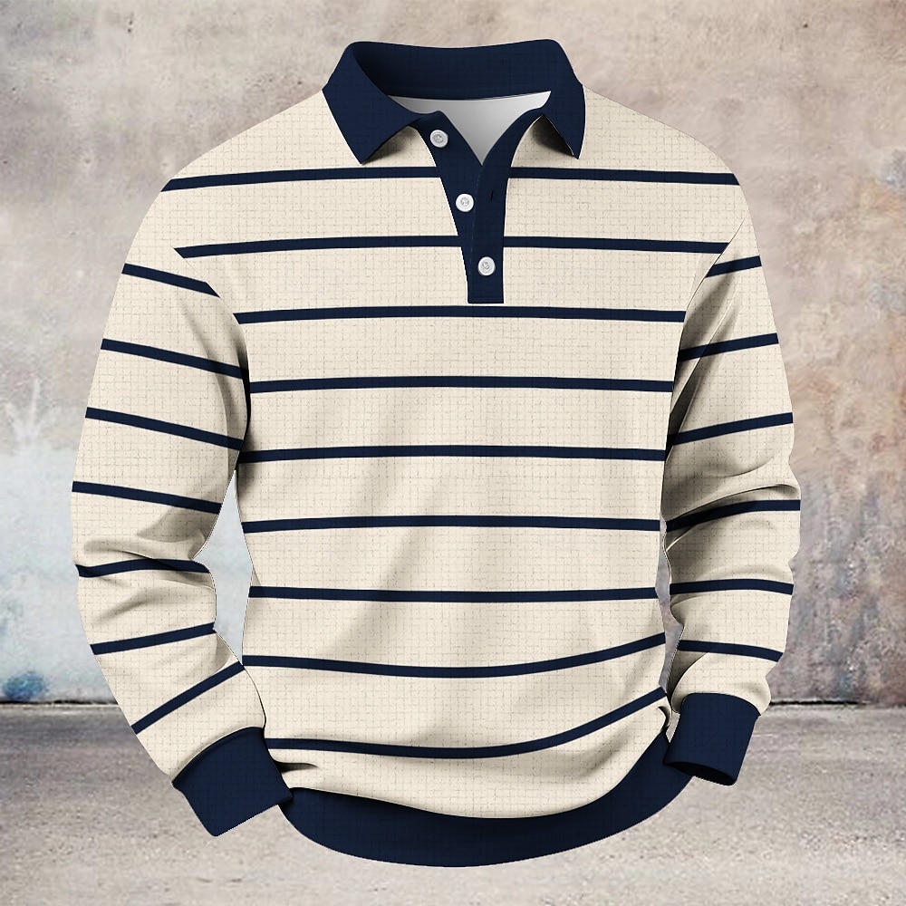 Voor heren Horizontale stroken Wafel Poloshirts Rugbypolo Lange mouw Poloshirt Overhemden met kraag Casual Sport Alledaagse kleding Knop Lente Herfst Winter blauw Zwart Bruin 2026 - $28.99 –P1