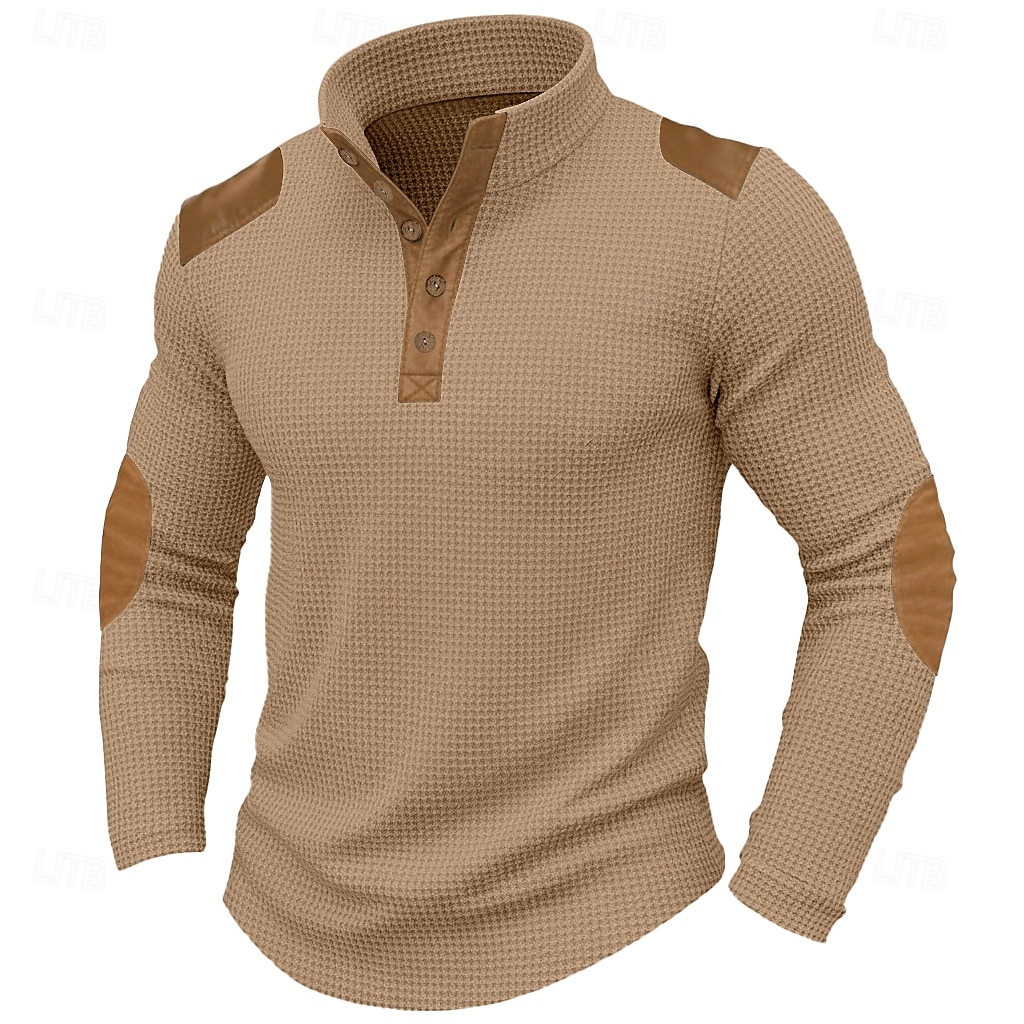 Men's T Shirt Waffle Henley Shirt Tee Top Shirts With Elbow Patches Long Sleeve Color Block Fashion Designer Basic Patchwork Stand Collar Henley Casual Vacation Street Fall Spring & Fall Fall 2026 - $23.99 –P4