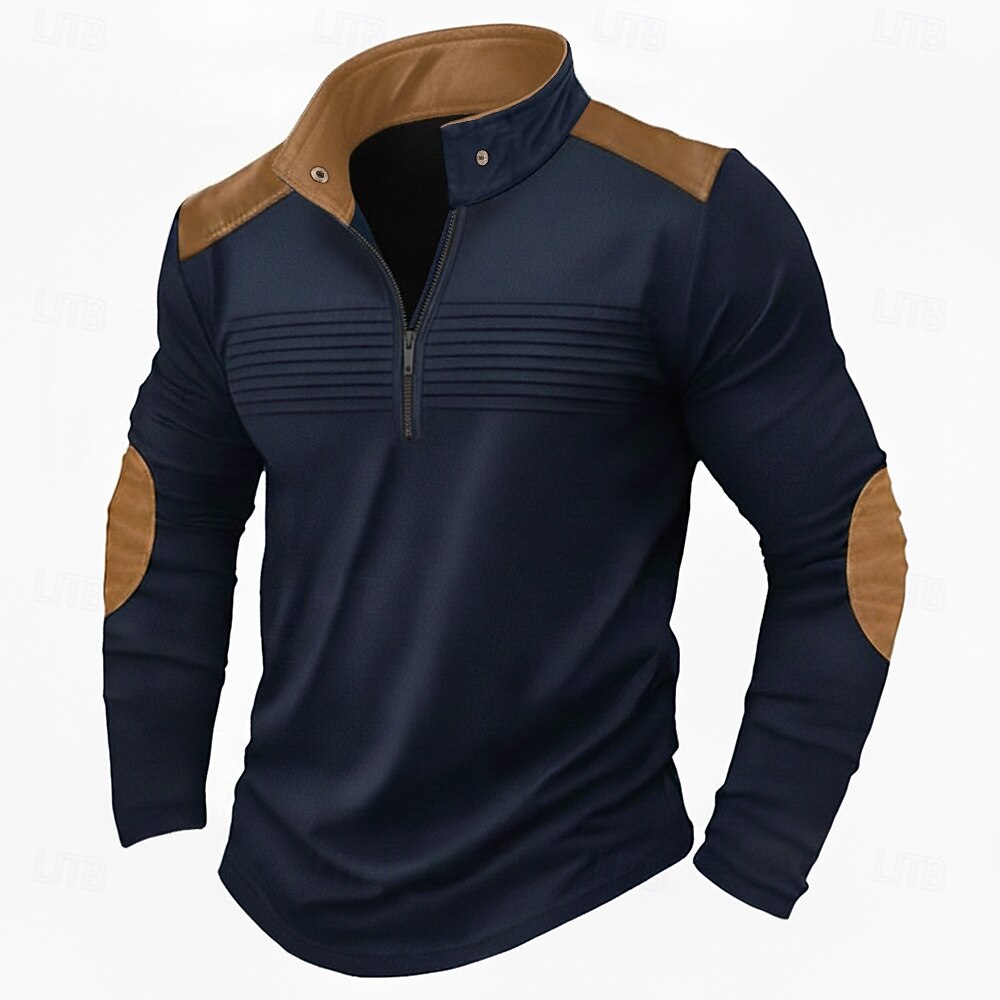 Hombre Camiseta superior Manga Larga Cuello Mao Primavera & Otoño Bloque de color Moda Design Básico Cerrar Plisado Vacaciones Calle Noche Azul Marino Camiseta superior para hombre 2026 - $24.99 –P1