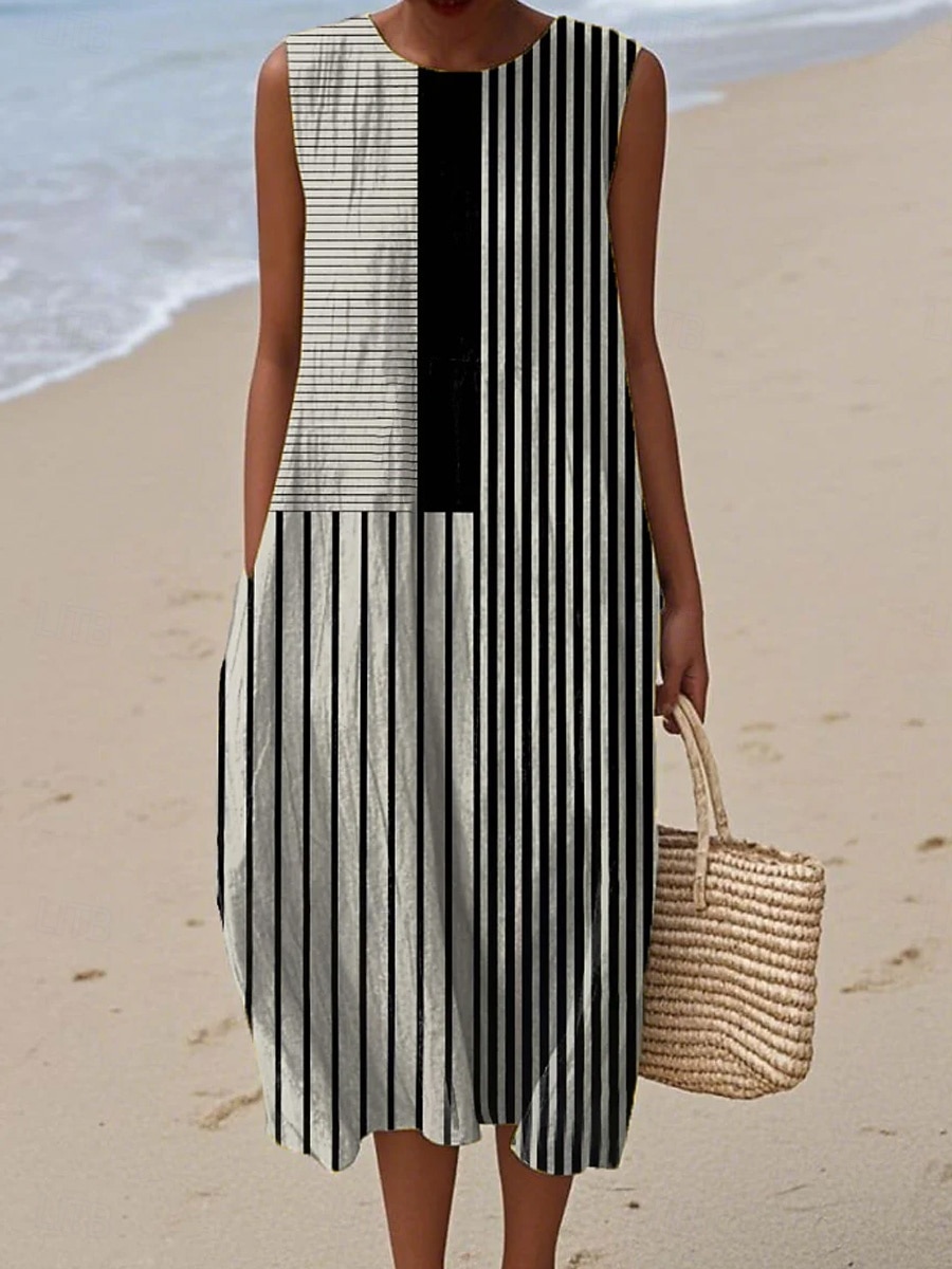 Kvinnors midi-klänning linne-liknande sommarklänning skiftklänning A-linje klänning semester avslappnad boho gå ut strand lös passform grafisk geometrisk ärmlös rund hals gul mörkgrå ljus orange 2026 - $37.99 –P2