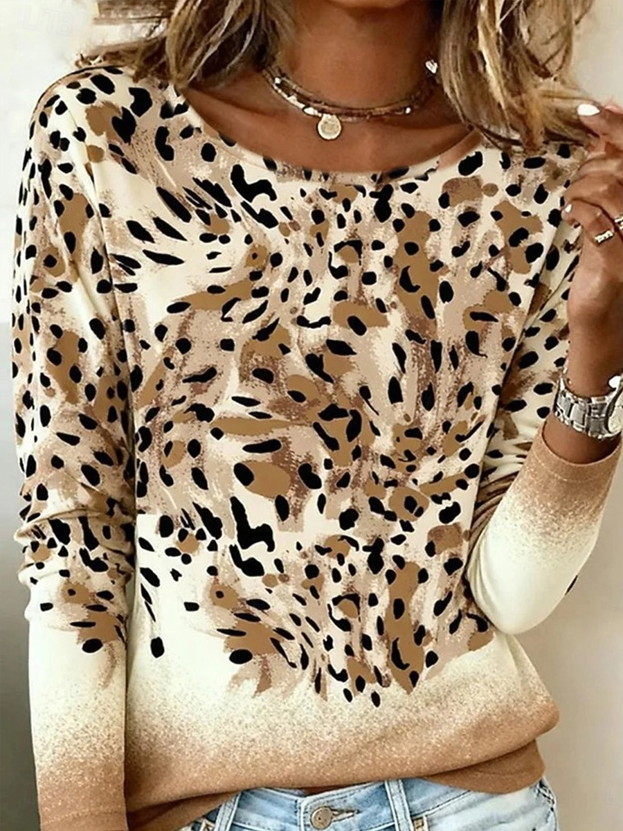 New Year Women's Plus Size T Shirt Print Graphic Leopard Fashion Stylish Basic Long Sleeve Crew Neck V Neck Regular Tops Daily Going out Weekend Pink Khaki Spring Fall 2026 - $22.99 –P2