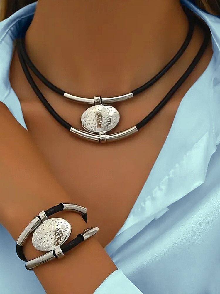 Women's Bohemian Leather and Metal Statement Necklace & Bracelet Set, Adjustable, Available in Gold and Silver – Perfect for Casual and Evening Wear 2026 - $11.99 –P2