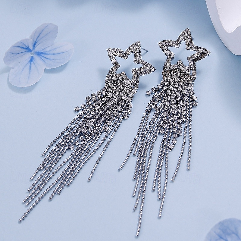Stříbrné náušnice ve tvaru hvězdy s třpytivými křišťálovými střapci – okouzlující dlouhé visací náušnice pro ženy 2026 - $11.99 –P2
