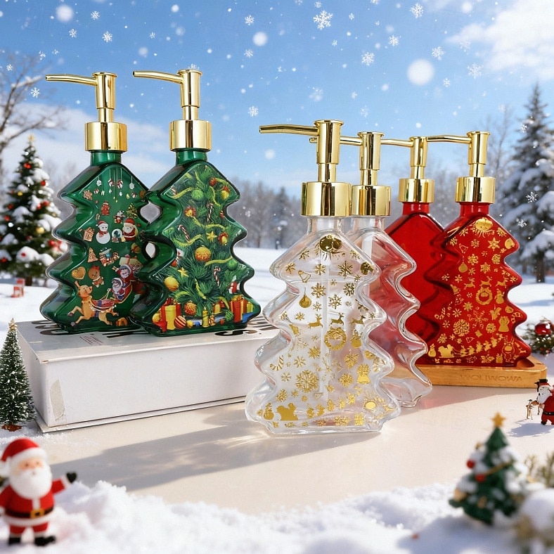 Glass Christmas Tree Hand Pump Dispenser Bottle - 300ml Red/Green Reusable Travel-Sized Soap/Lotion/Cleanser Container with Golden Reindeer Snowflake Design for Kitchen, Bathroom, Office - Durable 2026 - $6.99 –P2