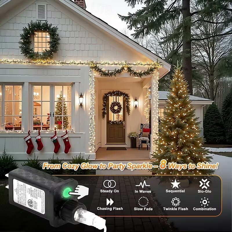 Светодиодная гирлянда для рождественской елки, 10 м, 500 светодиодов, гирлянда с теплым белым светом, 8 режимов мерцания, декоративная гирлянда для домашнего рождественского праздничного освещения, 2025 - $52.99 –P8