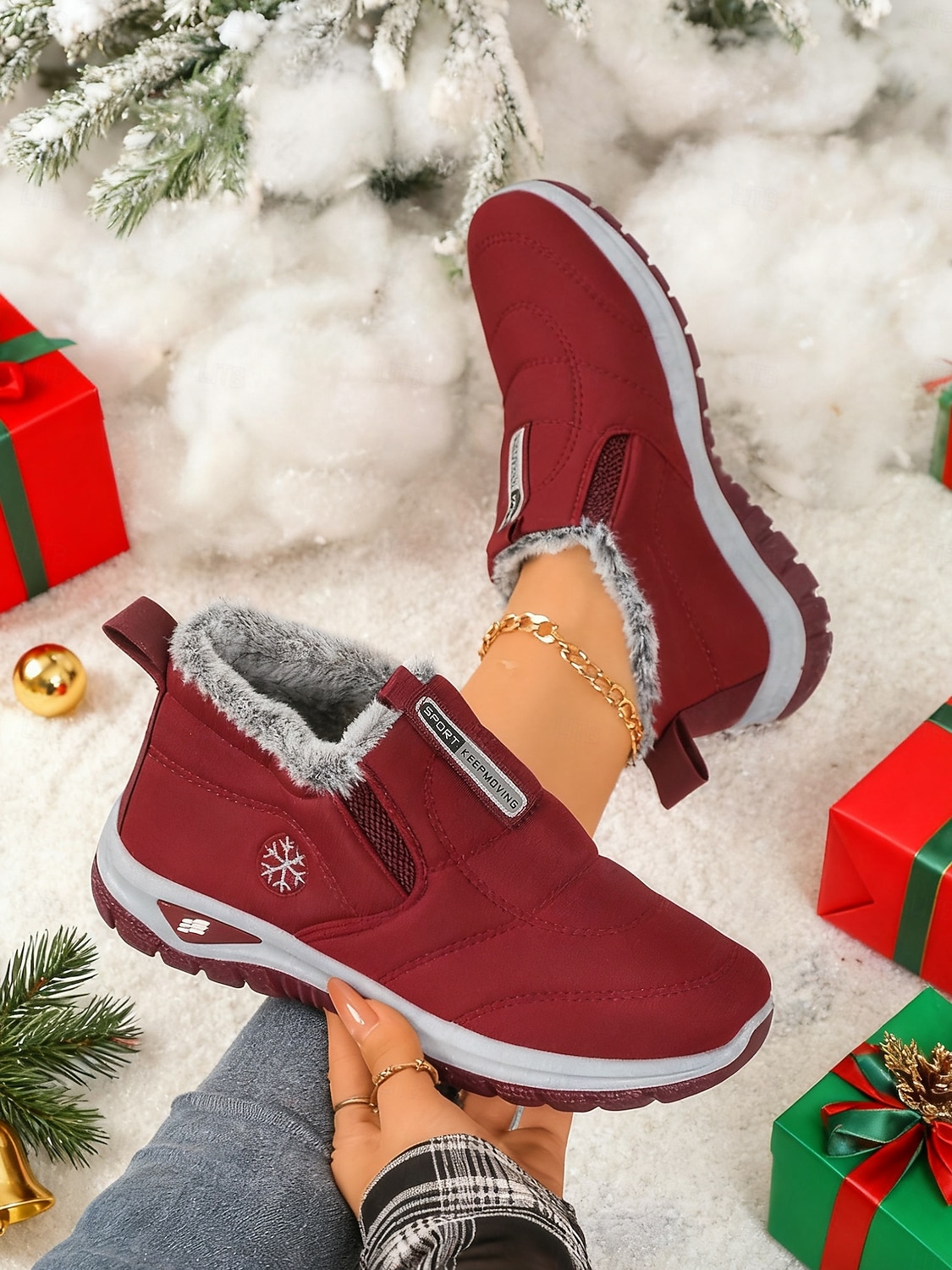 Sneakers invernali da donna in caldo pile foderate in bordeaux - comode scarpe da esterno comode e impermeabili slip-on per il freddo e i viaggi di Natale del 2026 a $24.99 –P4