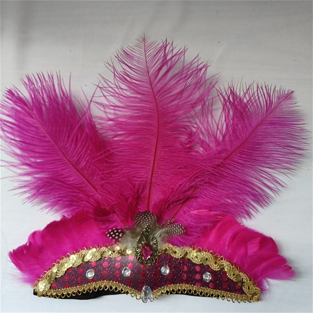 Carnival 2026 Rio Carnival Samba Accessories Hot Pink Ostrich Feather Headdress for Women - Sequin Rhinestone Headpiece - Carnival Showgirl Mardi Gras Costume Brazil Festival Performance Costume 2026 - $15.49 –P12