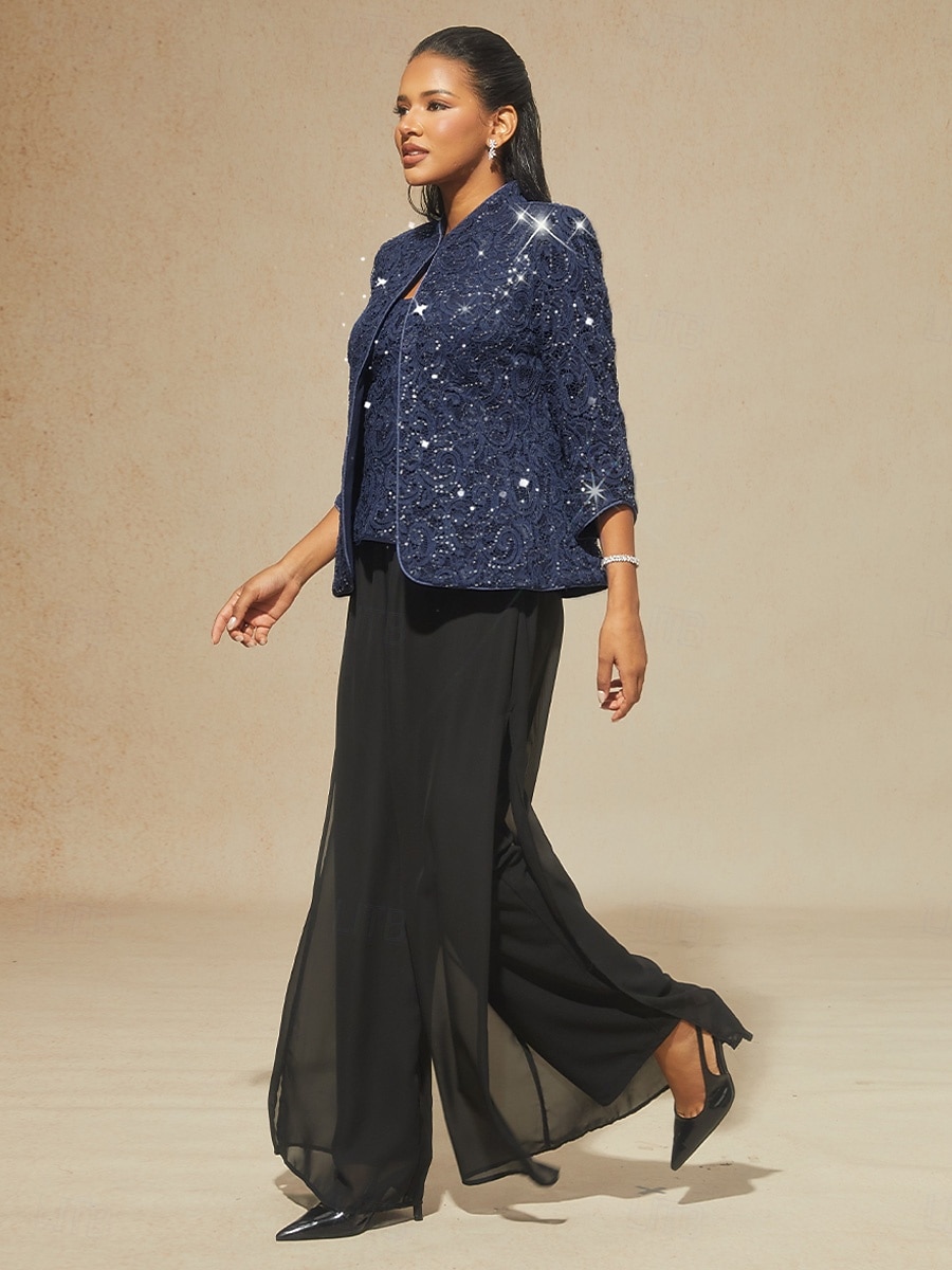 2026年 女性用 ブラウス ドレッシーなトップス ツインセット スパンコール レース ペーズリー エレガント パーティー 七分袖 スタンドカラー セミフォーマル フォーマルウェア カクテルの服装 ネイビーブルー 春 秋 冬  コレクション – $119.99 –P9