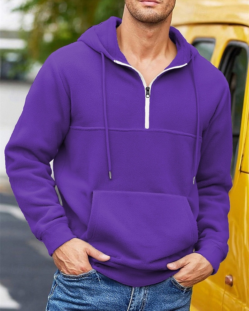 2026年 男性用 パーカー クォータージッパーパーカー フリースパーカー ブルー ブラック パープル ライトグレー ダックグレー フード付き 平織り ジッパー ポケット スポーツ 日常 祝日 ポリエステル ストリートファッション ベーシック カジュアル 秋 冬 衣類 パーカー トレーナー  コレクション – $32.99 –P19