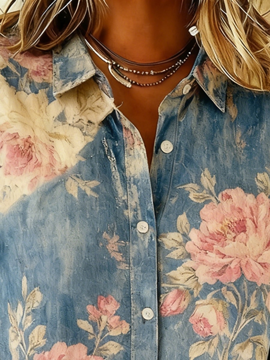 Women's Shirt Buttons Print Floral Bohemia Casual Long Sleeve Shirt Collar Crop Tops Daily Blue Spring Fall Winter 2026 - $34.99 –P2
